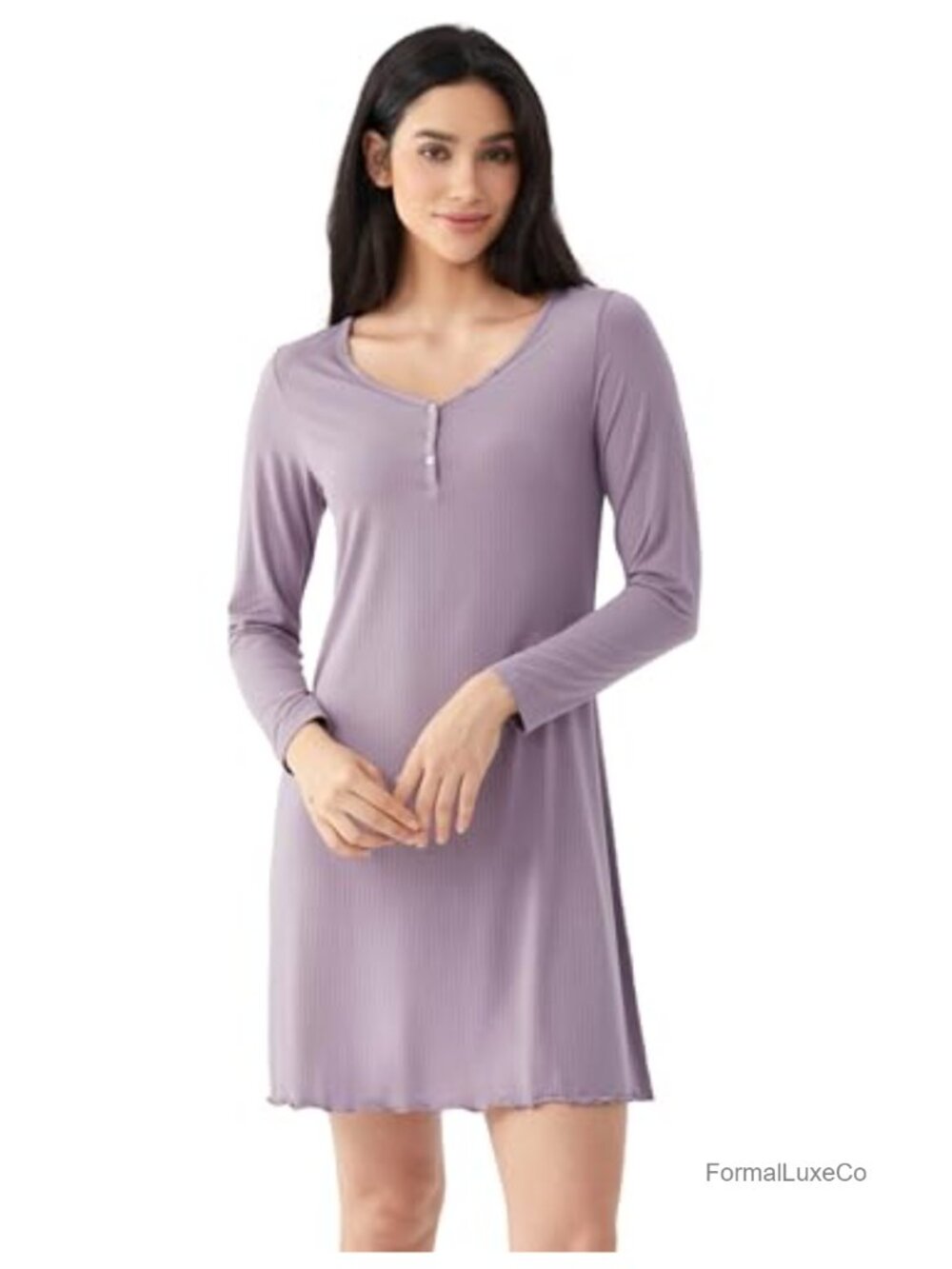 Bamboo Viscose Modal Ribbed Long Sleeve Nightgown Slim Fit V-Neck